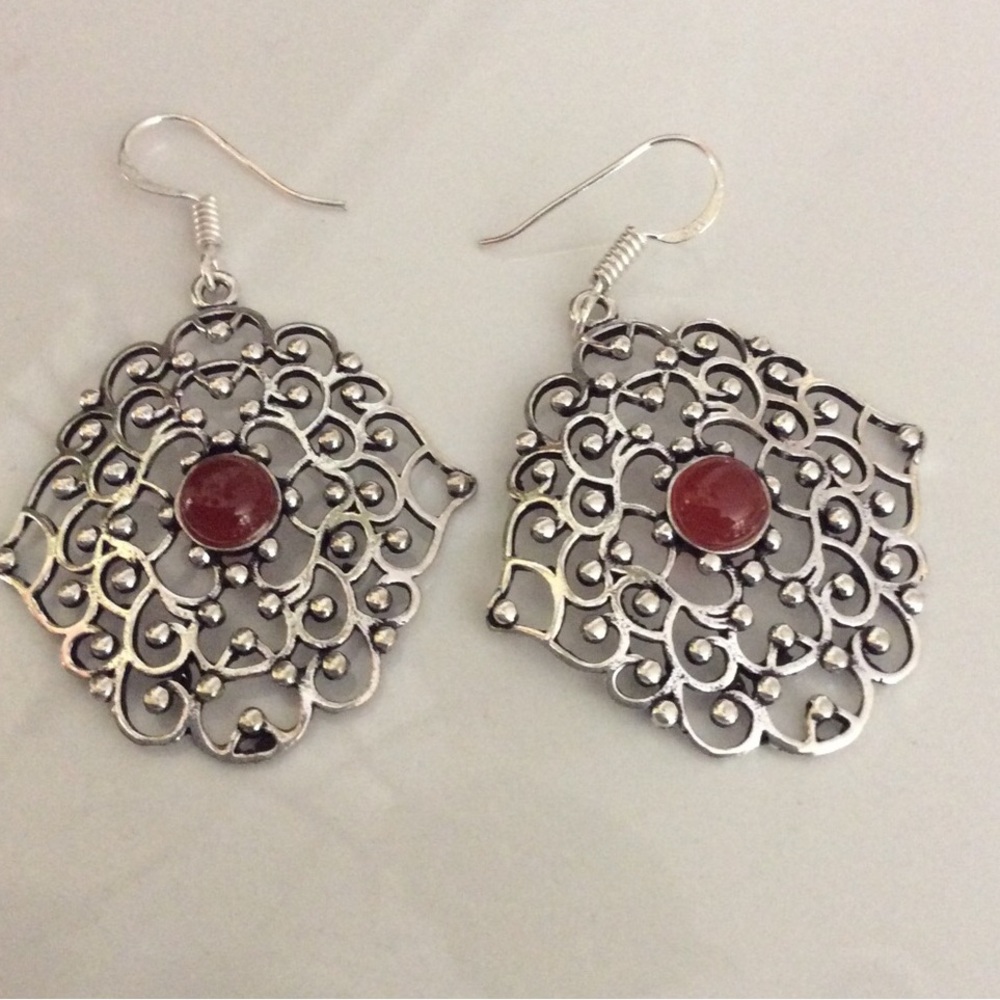 Sterling Silver Carnelian Filigree Dangle Earrings Bohemian New
